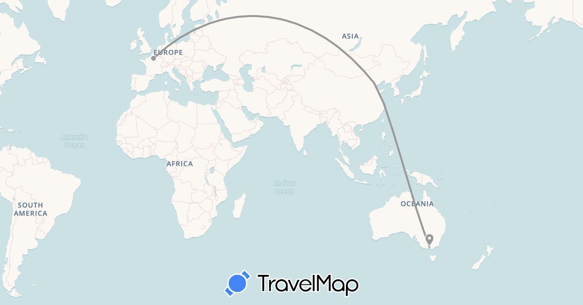 TravelMap itinerary: plane in Australia, China, France (Asia, Europe, Oceania)